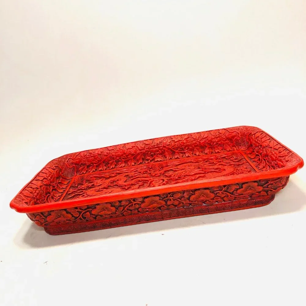 Vtg Chinese Cinnabar Style Resin Dragons Tray